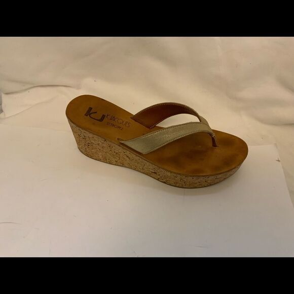 K. Jacques St. Tropez Women's Diorite Platform Cork Sandal Wedge Gold  38 7-7.5 - Picture 1 of 9
